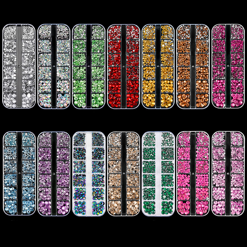 Crystal Bead Mix - 12 グリッドミックスサイズ高級樹脂クリスタルネイルアートラインストーン光沢のあるヒラタラウンドビーズネイルダイヤモンド宝石 DIY マニキュア装飾