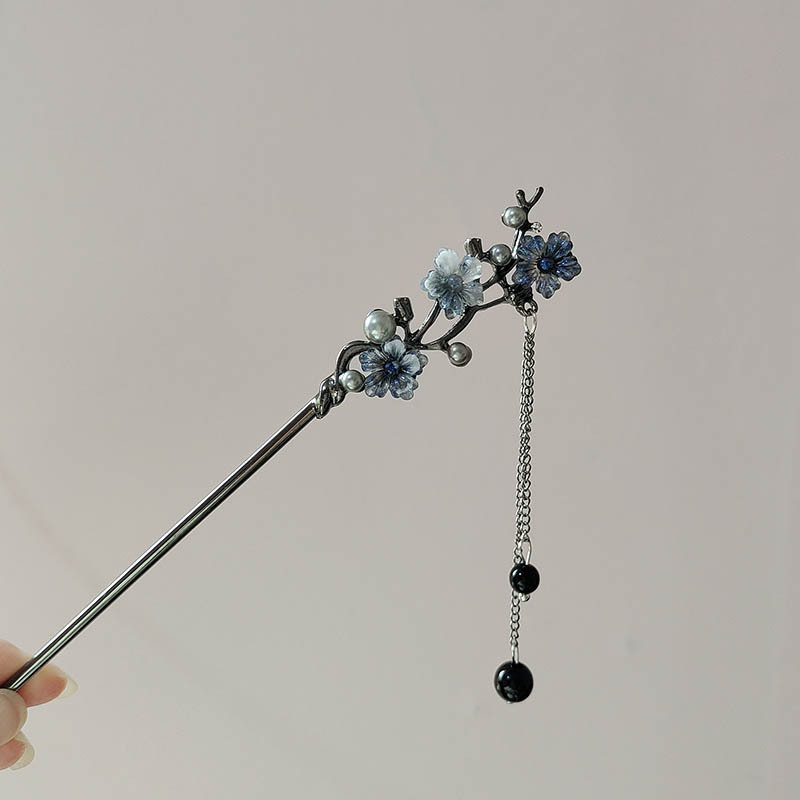 Jewelry Making Parts - クラシックヘアスティック箸インクカラーフラワーメタルフリンジヘアピン女性用パールブラックビーズチャイナヘアバンジュエリーギフト