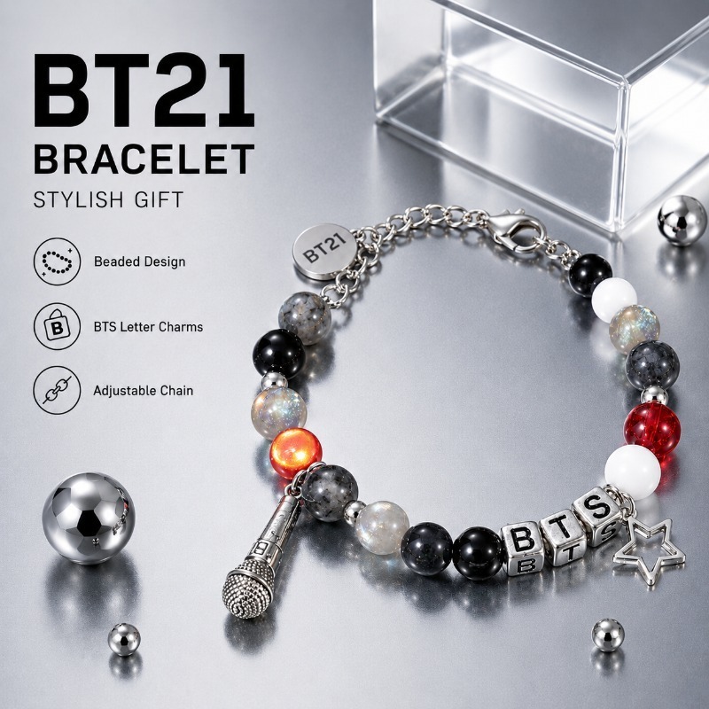 Jewelry Making Parts - BT21 ブラックレッドビーズブレスレット、ファンサポートグッズ、Kpopファン向けファッションビーズリストバンドジュエリー