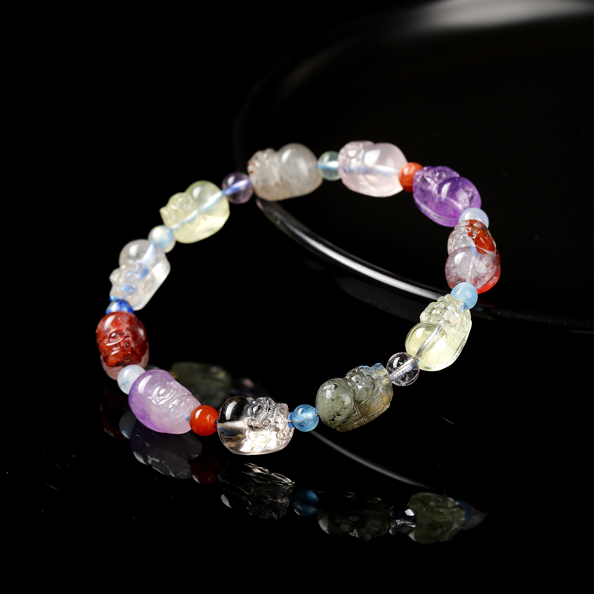 天然ミックスクリスタル貔貅ブレスレット 8-9mm マルチカ - Crystal Bead Mix のレビューと価格