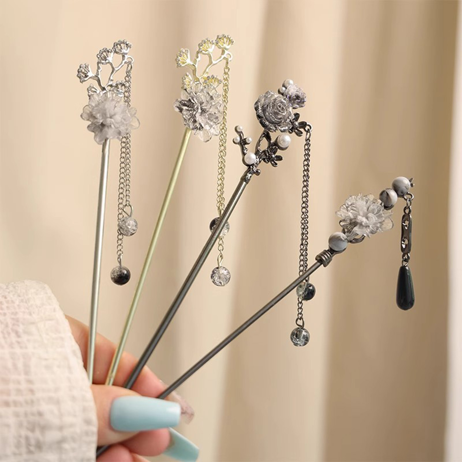 エレガントな花のヘアスティックフォーク合金ヘアクリップビーズ - Jewelry Making Parts のレビューと価格